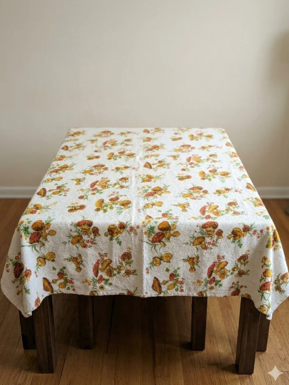Vintage 70s Mushroom Print Terrycloth Tablecloth 50